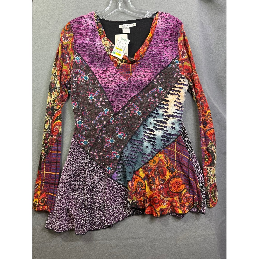Feratelli Women Patchwork Mixed Media Cowl Neck Asymmetrical Tunic Top Purple S